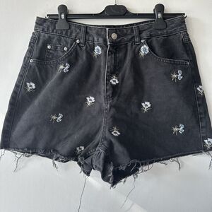 Women's Topshop Moto Mom off Black Denim Shorts Size 14 high waisted ripped